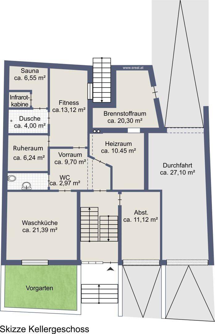 Grundriss des Kellergeschosses mit Sauna, Fitnessbereich, Waschküche und Vorgarten.