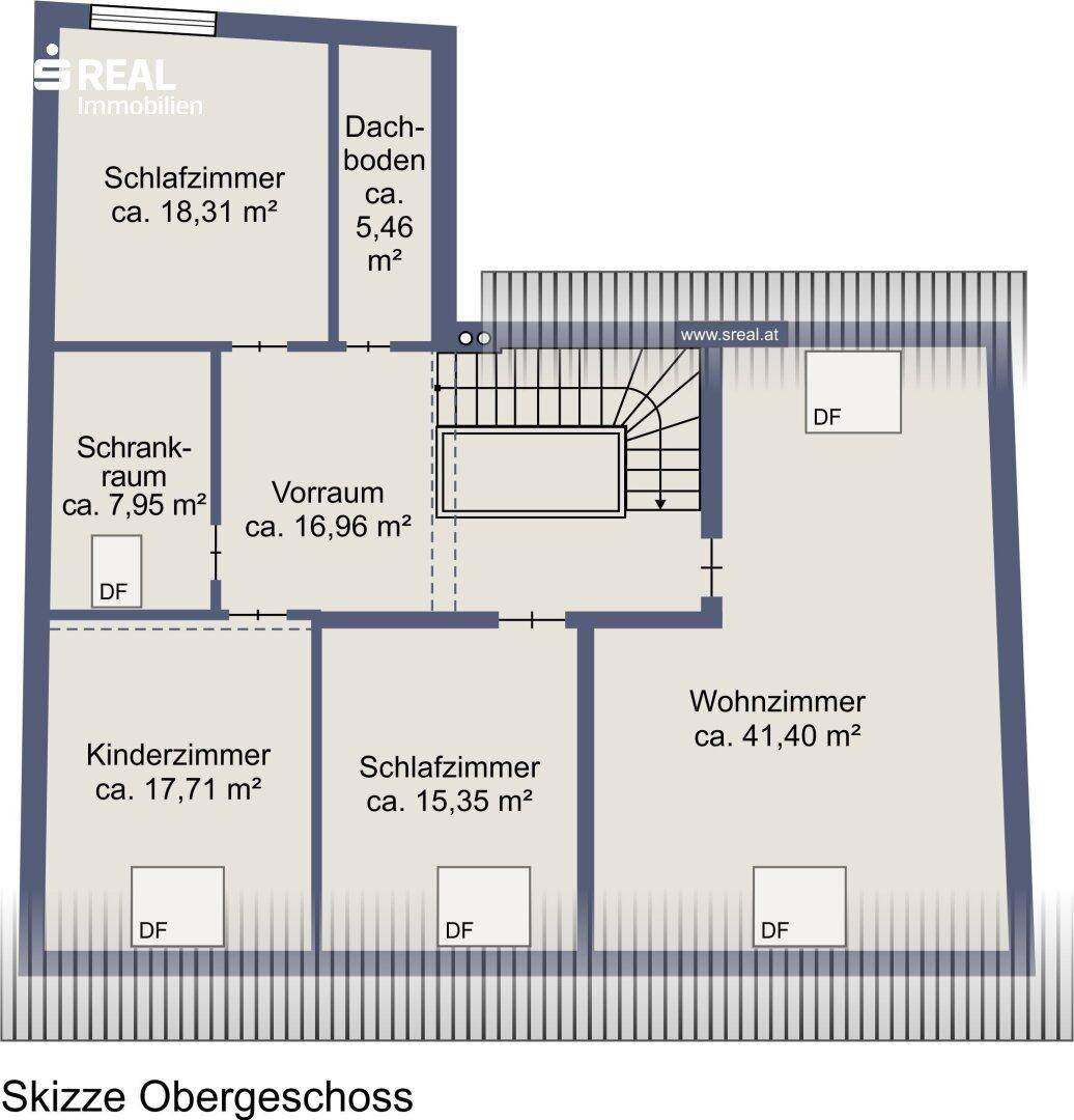 Grundriss des Obergeschosses mit drei Schlafzimmern, Ankleidezimmer und großem Wohnzimmer.