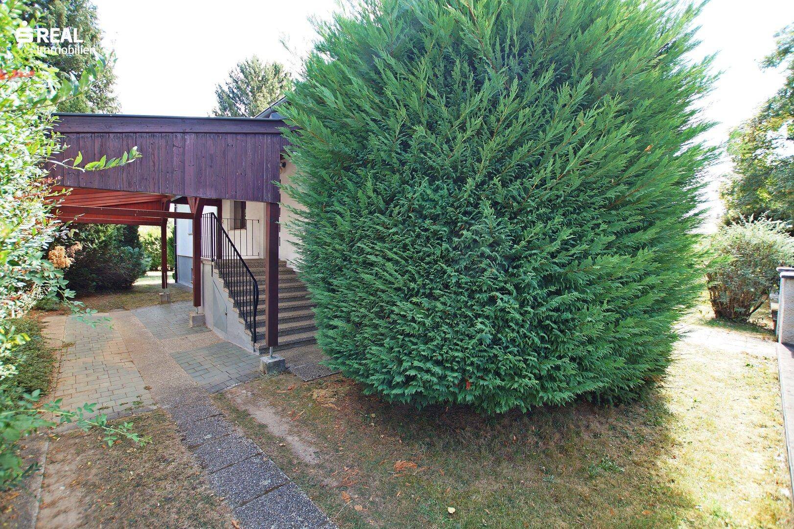 Eingangsbereich des Hauses mit Carport und Treppe, umgeben von grünen Büschen.