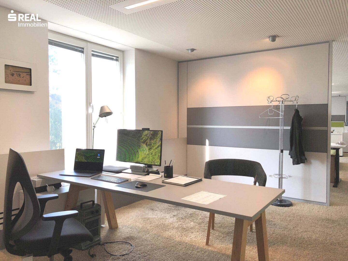 Modern eingerichtetes Einzelbüro mit großem Schreibtisch, ergonomischem Stuhl und viel Tageslicht.