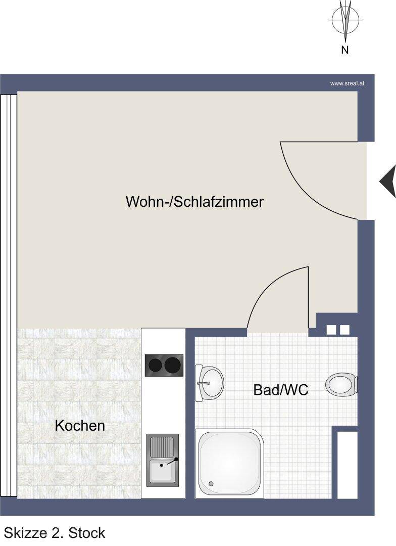 Grundriss Skizze des 2. Stocks mit Wohn-/Schlafzimmer, Küche und Bad/WC.