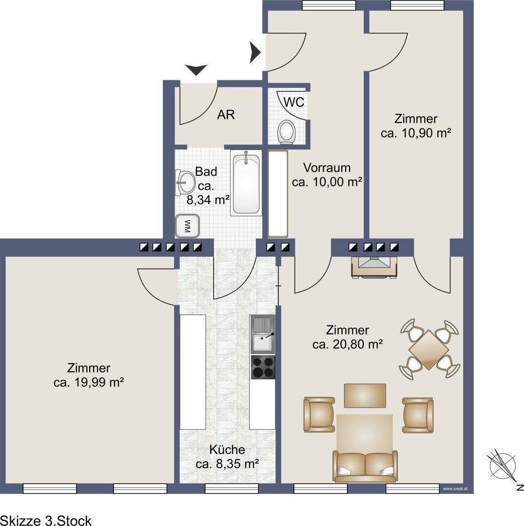 Grundriss der Wohnung im 3. Stock mit Zimmern, Bad, WC und Küche.