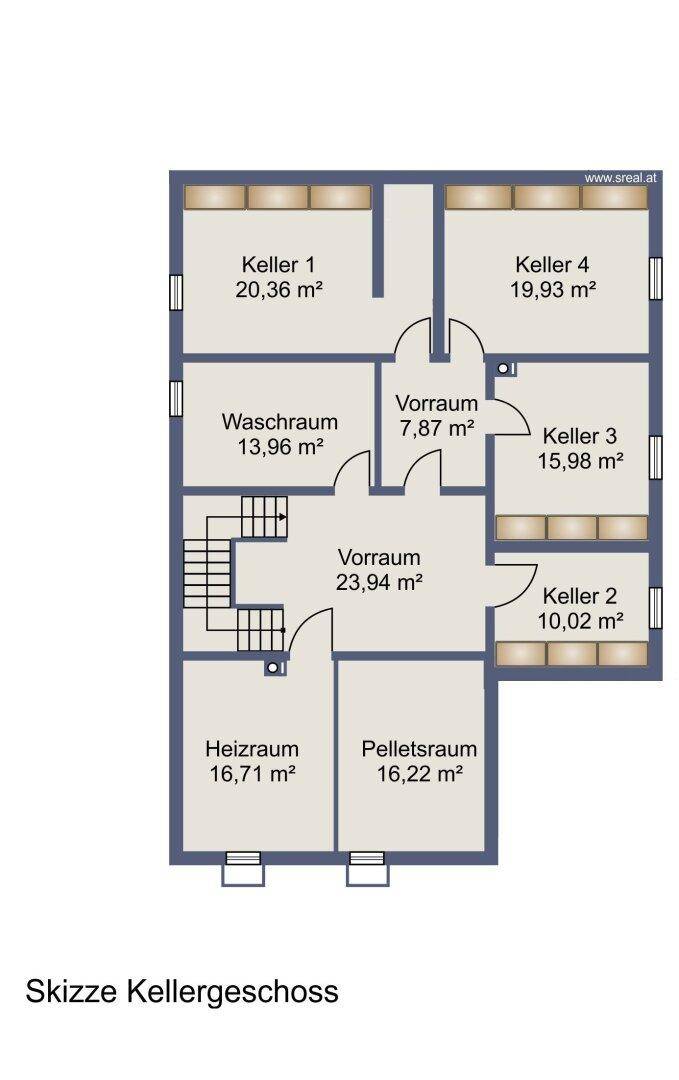 Grundriss des Kellergeschosses mit Heizraum, Waschraum und mehreren Kellerräumen.