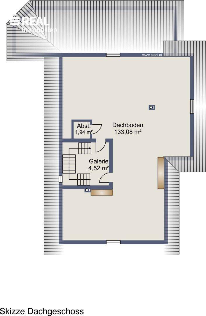 Grundriss des Dachgeschosses mit Dachboden und Abstellraum.
