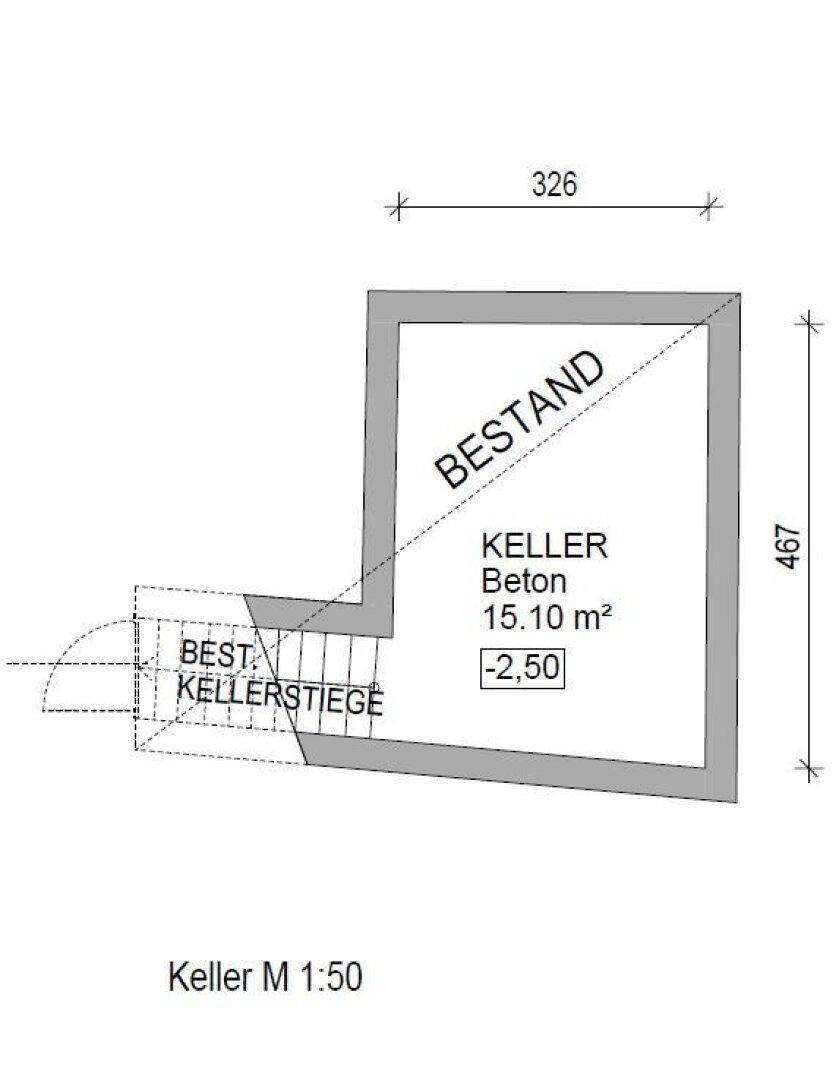 Grundriss des Kellers mit bestehender Kellertreppe und einer Fläche von 15.10 m².