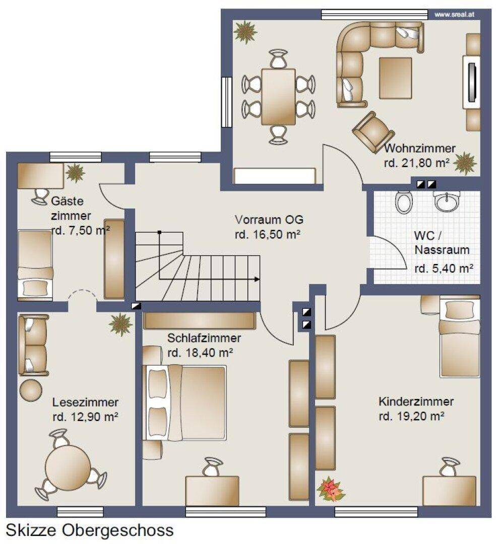 Grundriss des Obergeschosses mit Schlafzimmern, Wohnzimmer und WC.