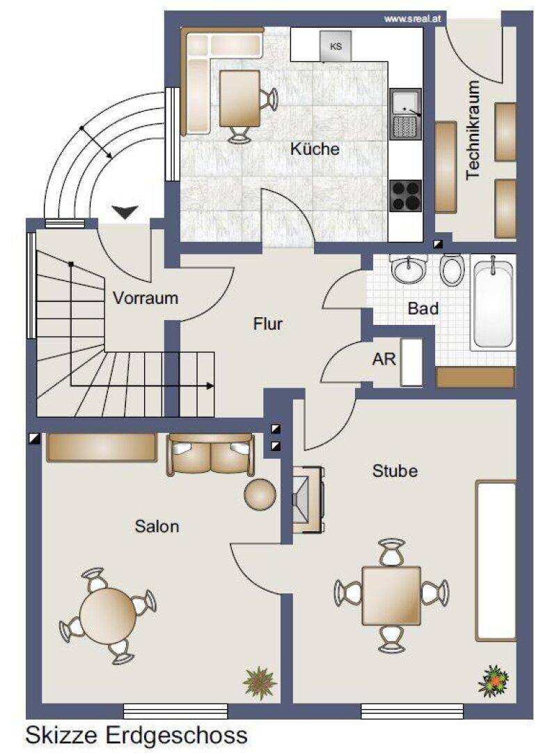 Grundriss des Erdgeschosses mit Küche, Wohnzimmer, Salon und Bad.