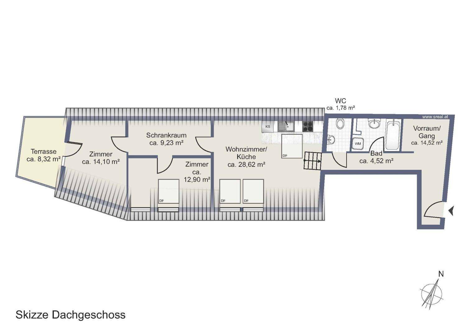 Grundriss des Dachgeschosses mit Terrasse, drei Zimmern, Küche und Bad.
