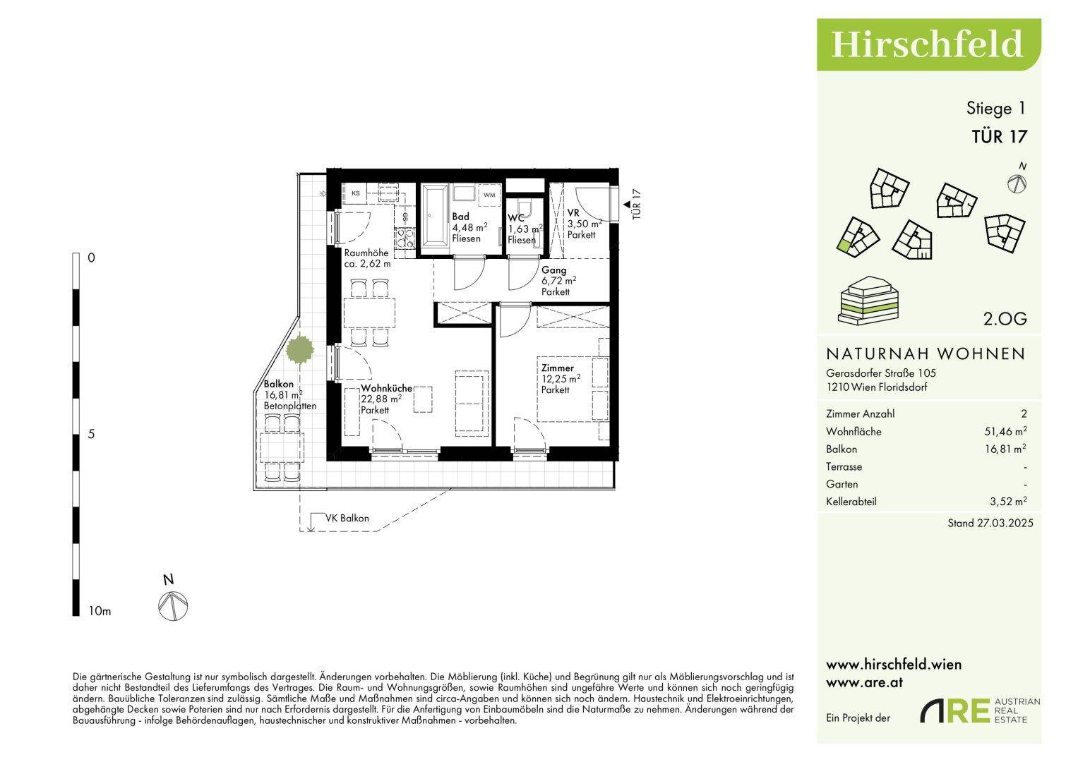 Grundriss für eine 2-Zimmer-Wohnung im 2. Obergeschoss mit Balkon und Kellerabteil.