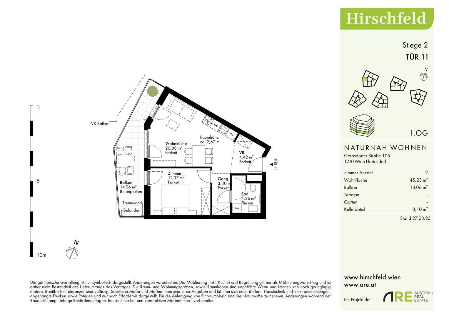 Grundriss der Wohnung im 1. Obergeschoss mit Balkon, Kellerabteil und offenem Wohnbereich.
