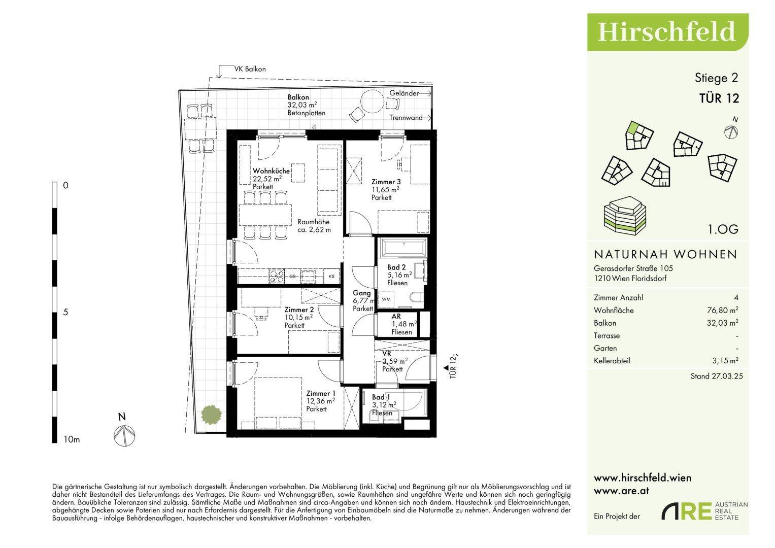 Grundriss einer modernen 4-Zimmer-Wohnung im ersten Obergeschoss mit großem Balkon und offener Wohnküche.