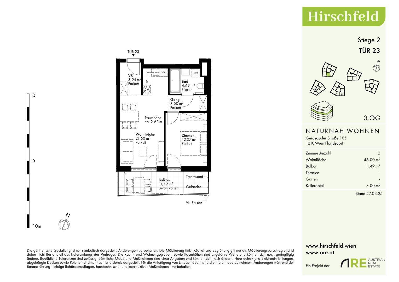 Grundriss einer modernen 2-Zimmer-Wohnung im 3. Obergeschoss mit offenem Wohnbereich und Balkon.