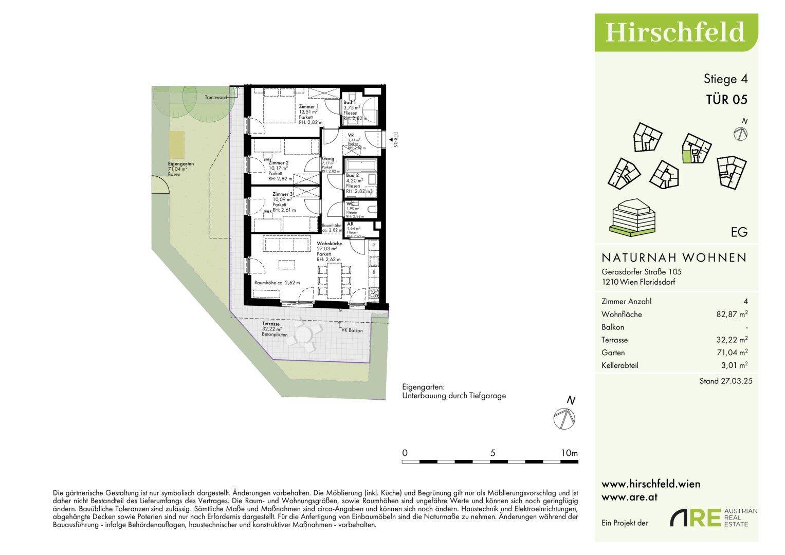 Grundriss einer Erdgeschosswohnung mit drei Zimmern, Terrasse und Garten.