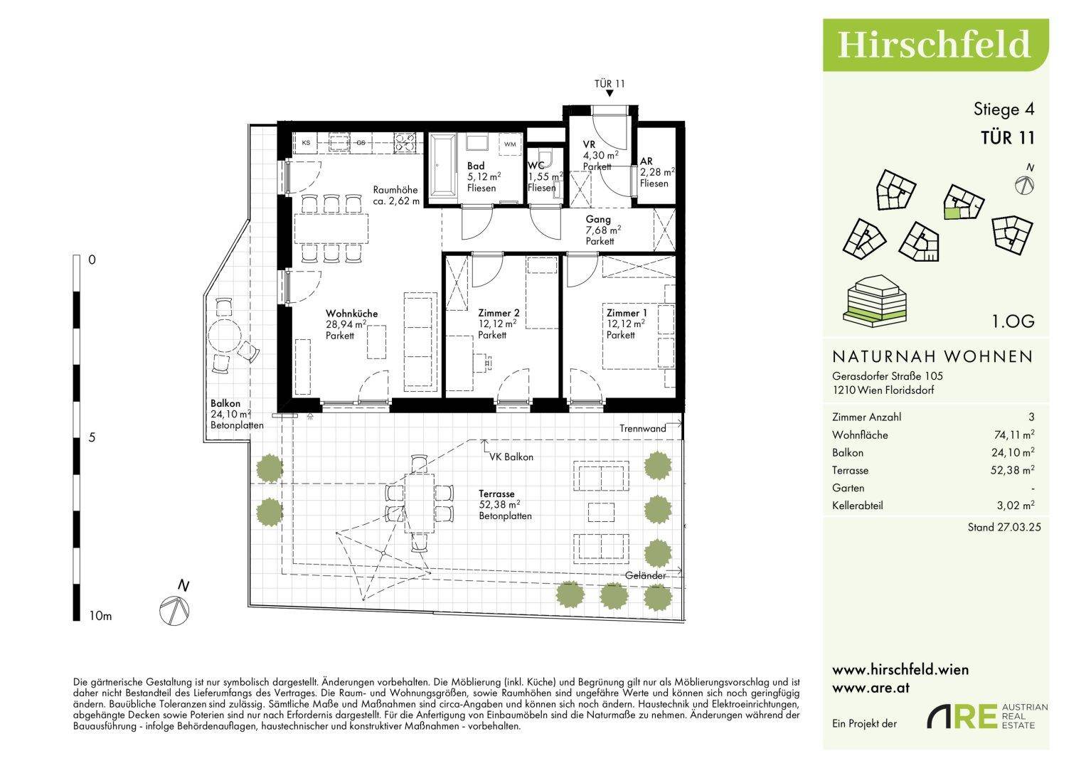 Grundriss einer Wohnung mit drei Zimmern, Bad, separatem WC, Balkon und großer Terrasse.