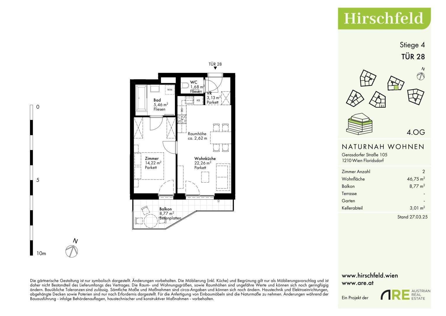 Grundriss einer 2-Zimmer-Wohnung im 4. Obergeschoss mit offener Wohnküche und Balkon.