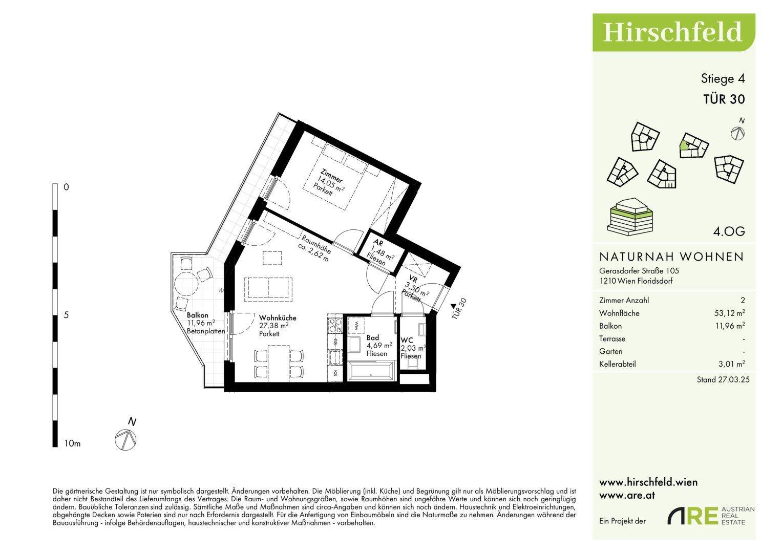 Grundriss der Wohnung im 4. Obergeschoss mit Wohnküche, Schlafzimmer, Bad, separatem WC und Balkon.