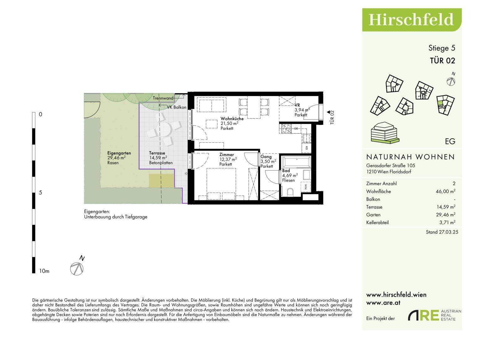 Grundriss einer Erdgeschosswohnung mit offener Wohnküche, Schlafzimmer, Bad, Terrasse und eigenem Garten.
