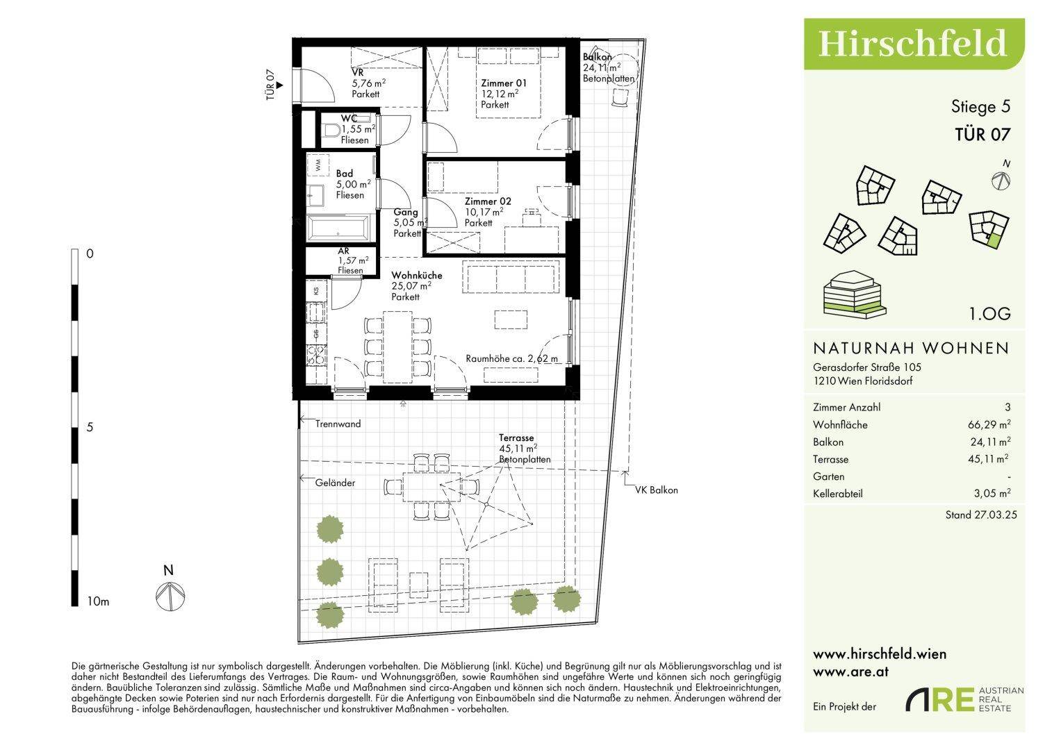Detaillierter Grundriss der Wohnung mit drei Zimmern, Terrasse und Gartenanteil.
