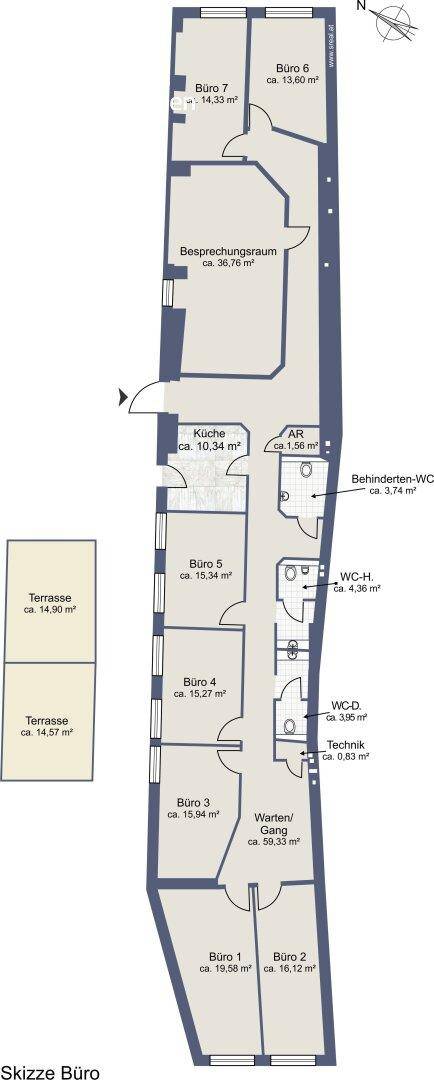 Detaillierter Grundriss mit mehreren Büroräumen, Besprechungsraum, Küche und Toiletten.