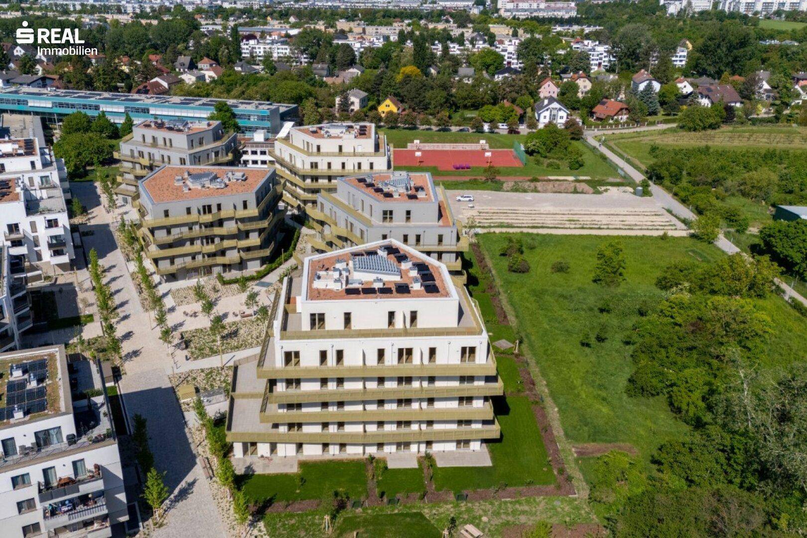 Weitläufige Luftaufnahme einer Wohnanlage mit Solaranlagen auf den Dächern und angrenzenden Grünflächen.