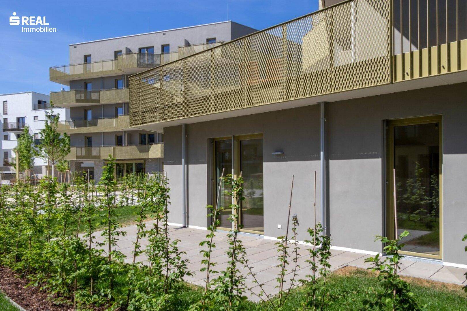 Erdgeschoss-Terrasse mit Zugang zu einer kleinen Grünfläche, umgeben von jungen Pflanzen.