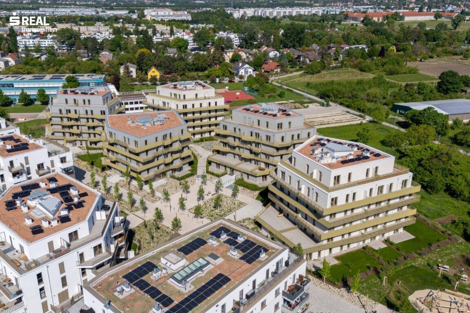 Luftaufnahme eines modernen Wohnkomplexes mit begrünten Dächern und Photovoltaikanlagen.