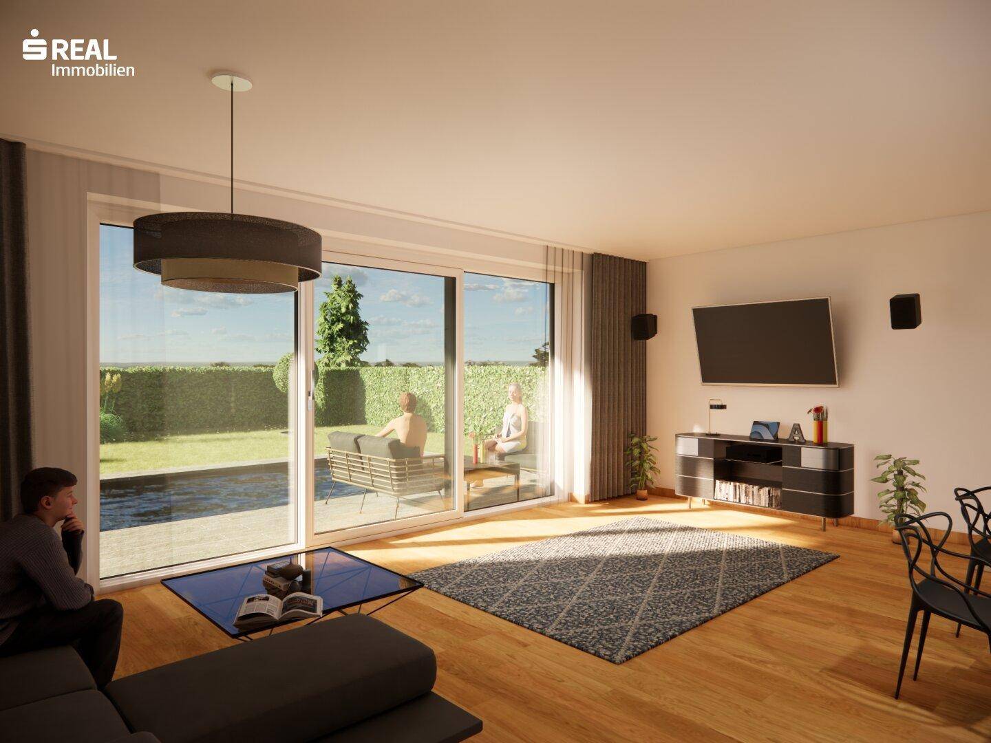 Helles Wohnzimmer mit großen Schiebetüren, Holzboden und direktem Zugang zum Garten und Pool.