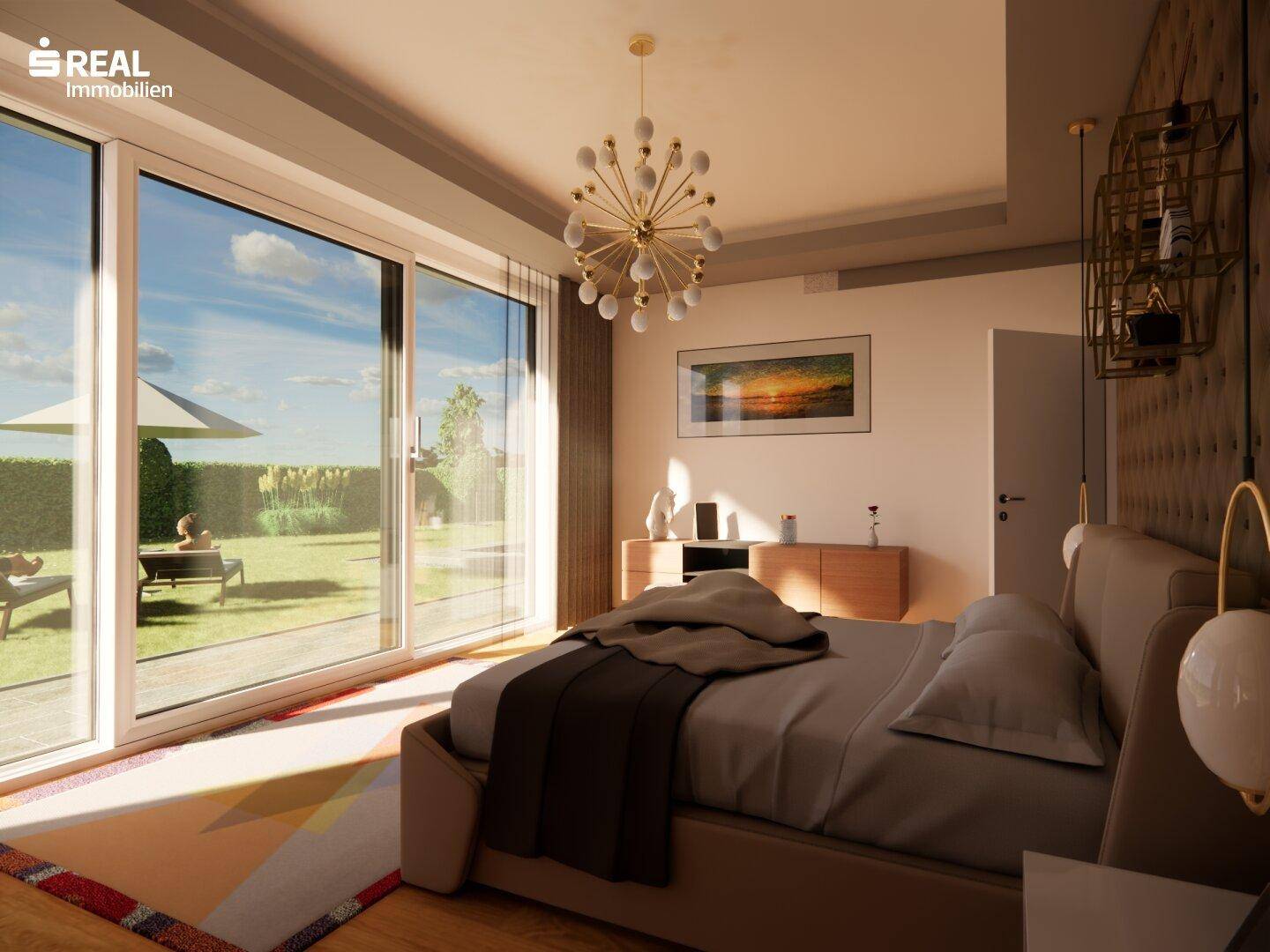 Helles Schlafzimmer mit großen Fensterfronten, modernem Bett und direktem Zugang zum Garten.