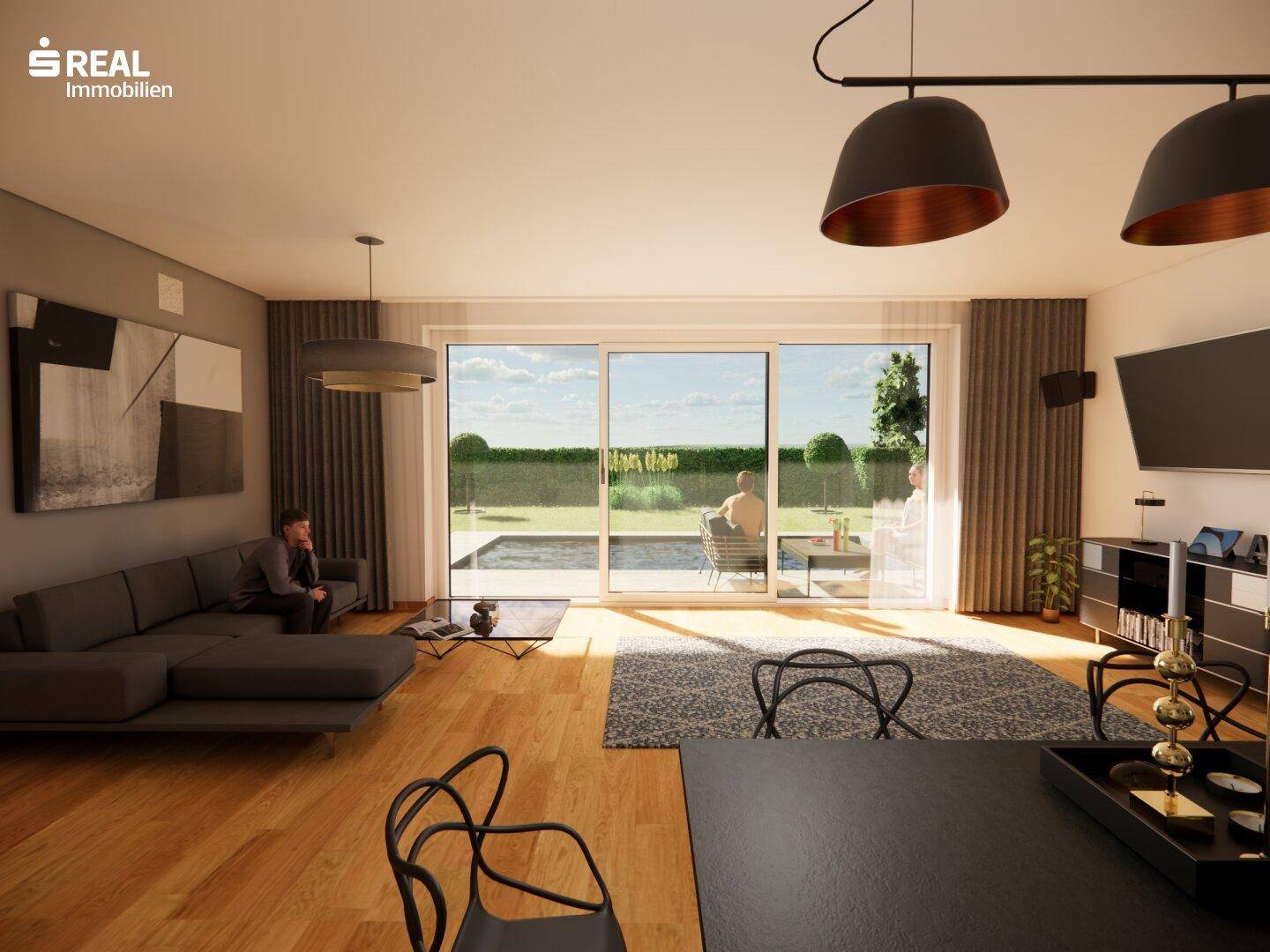 Komfortables Wohnzimmer mit Sofa, Teppich und großen Schiebetüren zum Außenbereich.
