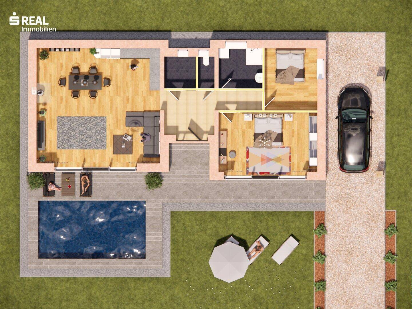 Grundriss eines modernen Hauses mit offenem Wohnbereich, zwei Schlafzimmern und Pool im Garten.
