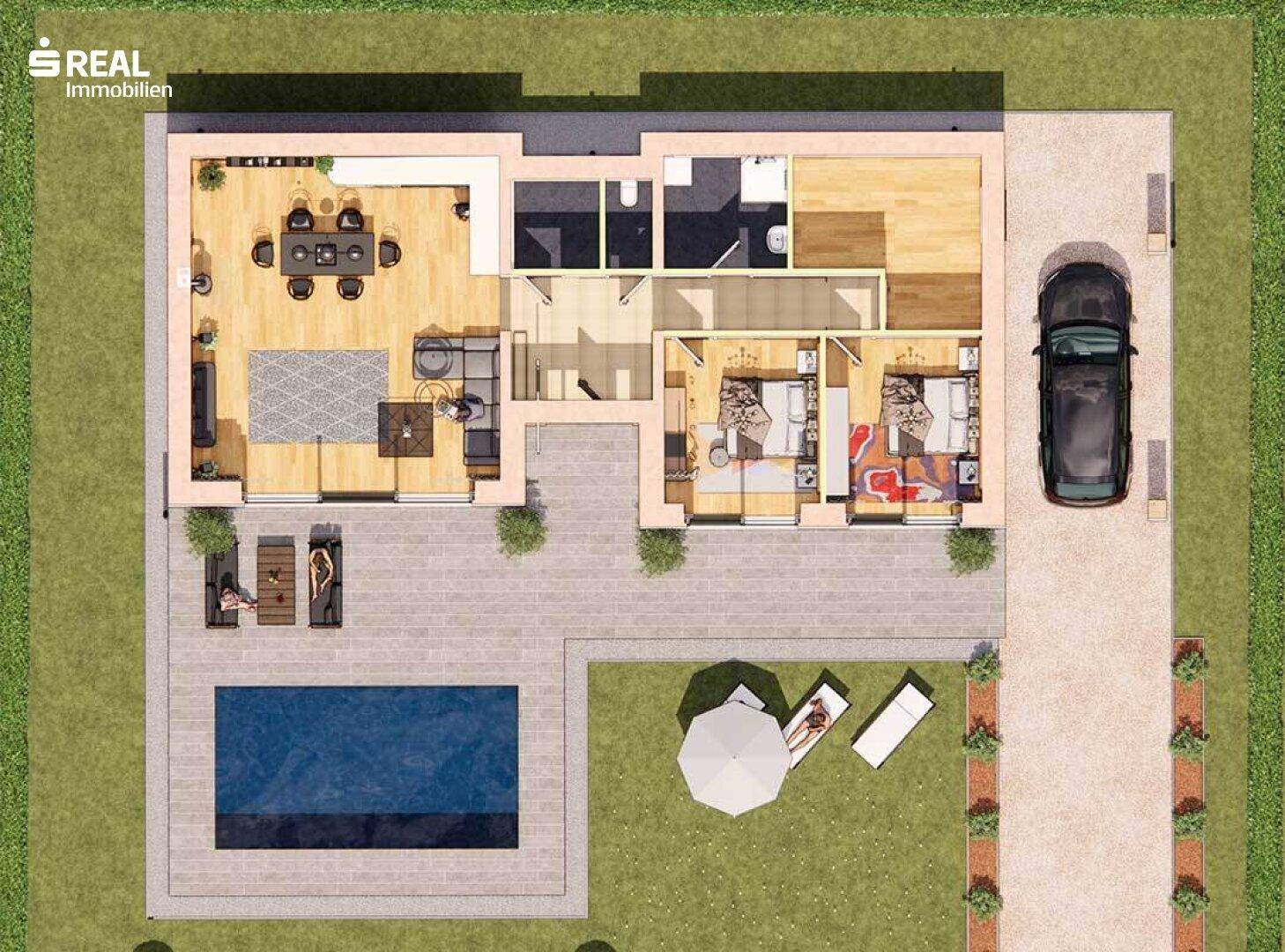 Grundriss eines modernen Hauses mit offenem Wohnbereich, zwei Schlafzimmern und Pool im Garten.