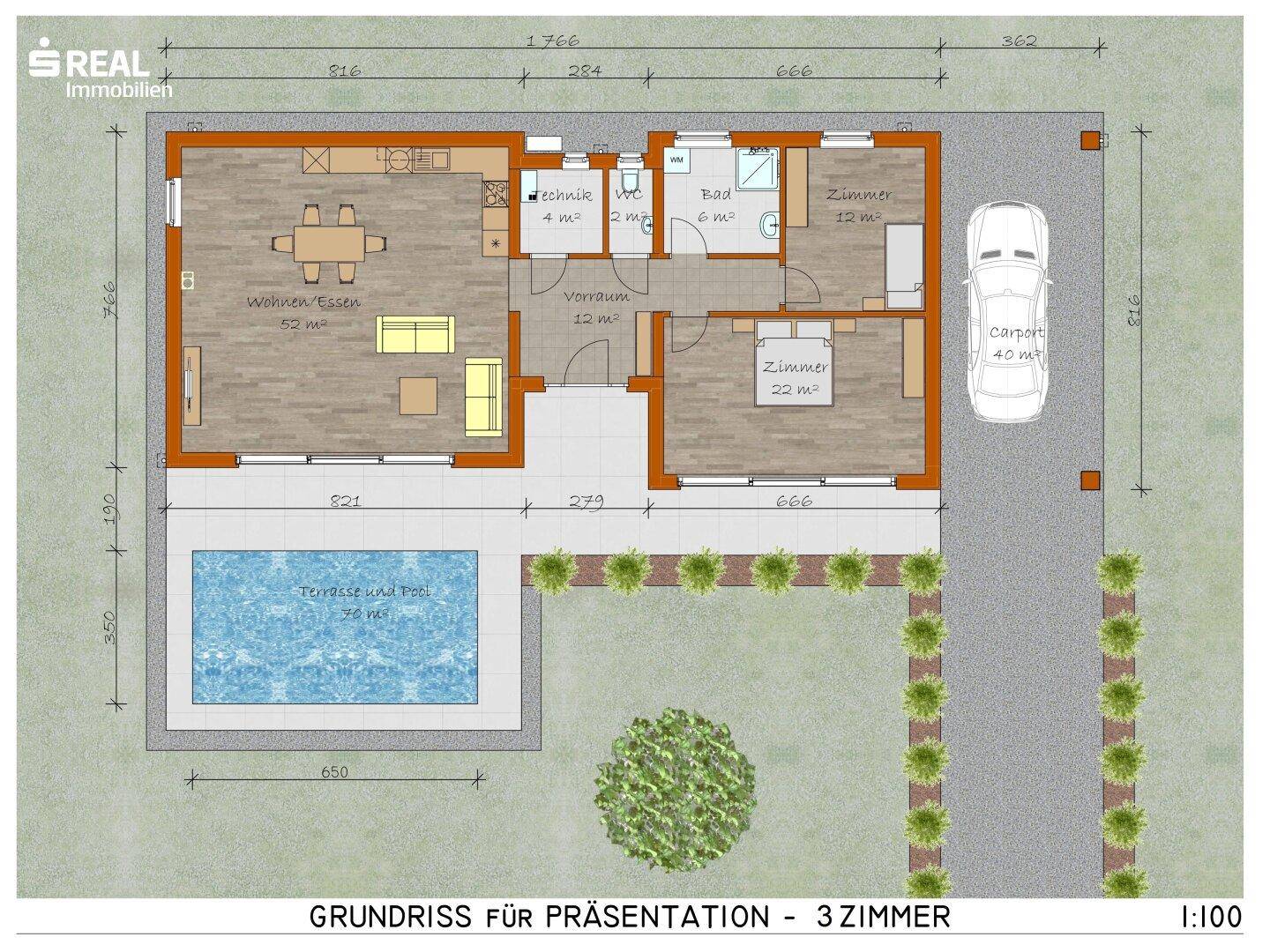 Detaillierter Grundriss mit Raumaufteilung, Flächenangaben und Außenbereich mit Pool und Terrasse.