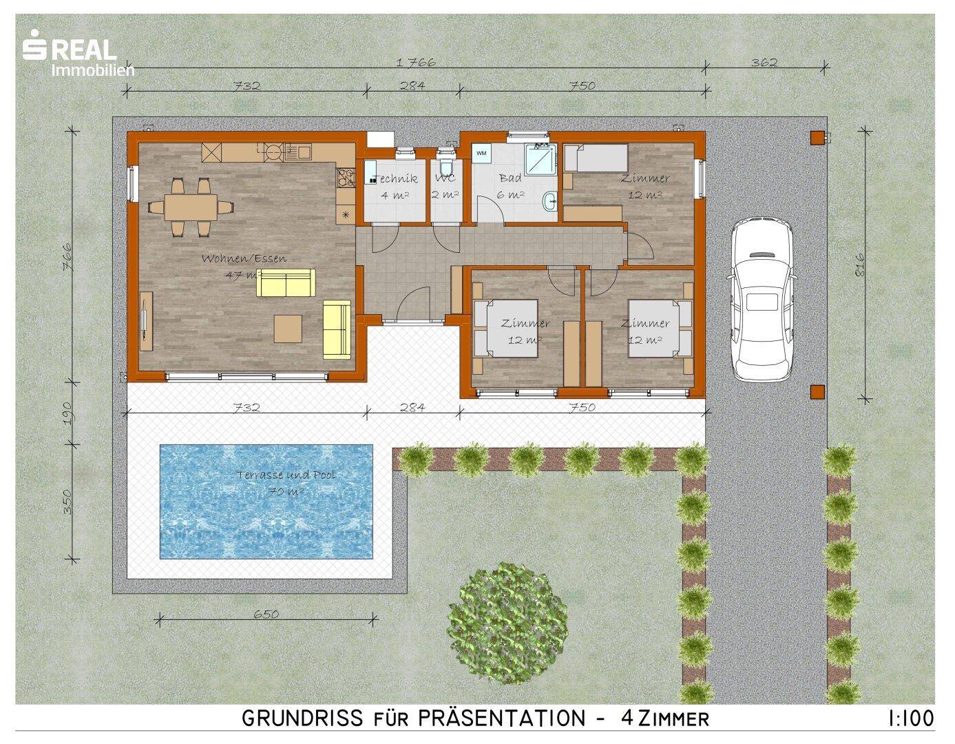 Detaillierter Grundriss eines Einfamilienhauses mit vier Zimmern, Terrasse und Poolbereich.