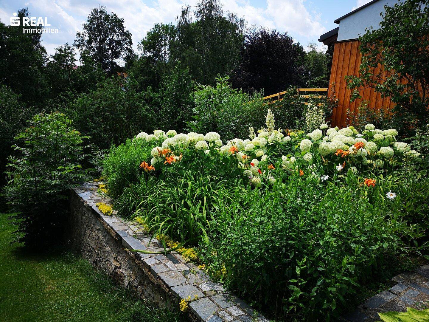 Üppiges Blumenbeet mit Hortensien und Taglilien, umgeben von grünen Sträuchern und Bäumen.