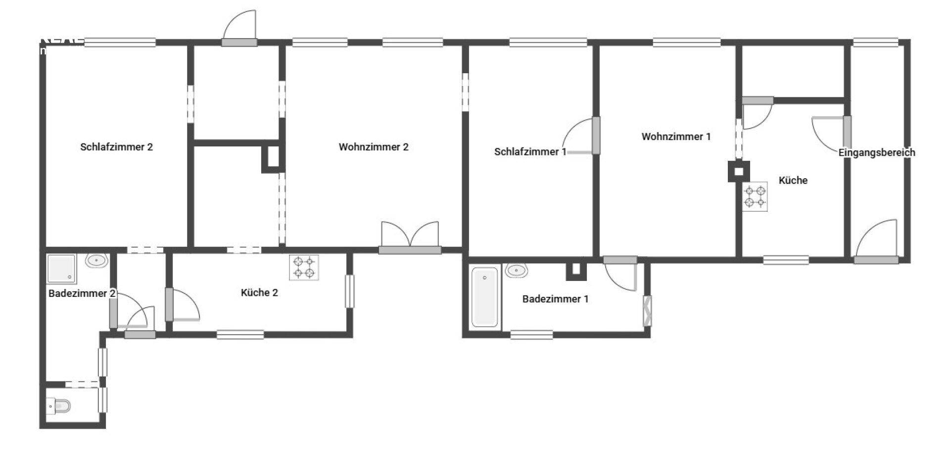 Grundriss einer Wohnung mit zwei Schlafzimmern, zwei Wohnzimmern, zwei Küchen und zwei Bädern, was eine flexible Nutzung ermöglicht.