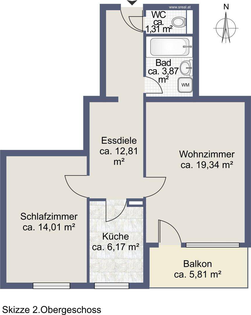 Grundriss des Obergeschosses mit Wohnzimmer, Schlafzimmer, Küche und Balkon.