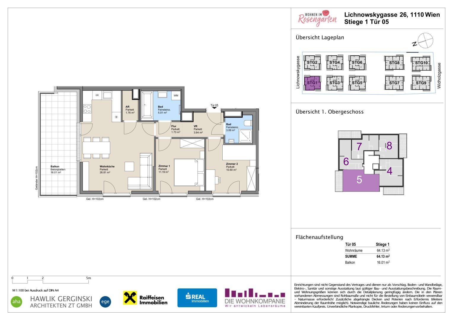 Detaillierter Grundriss einer Wohnung mit drei Zimmern, Balkon und zwei Bädern.