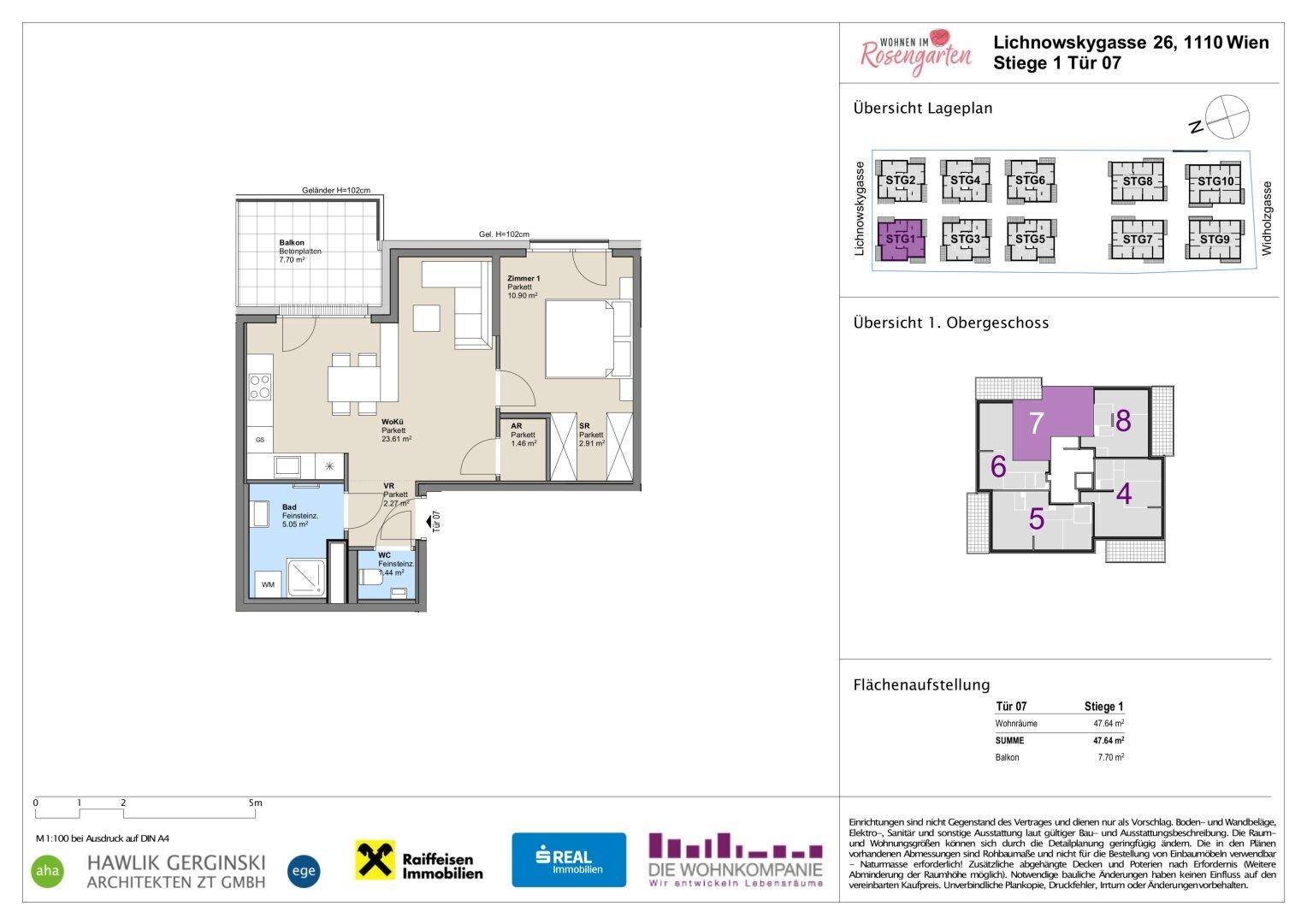 Grundriss einer Wohnung im ersten Obergeschoss mit Balkon und offener Wohnküche.