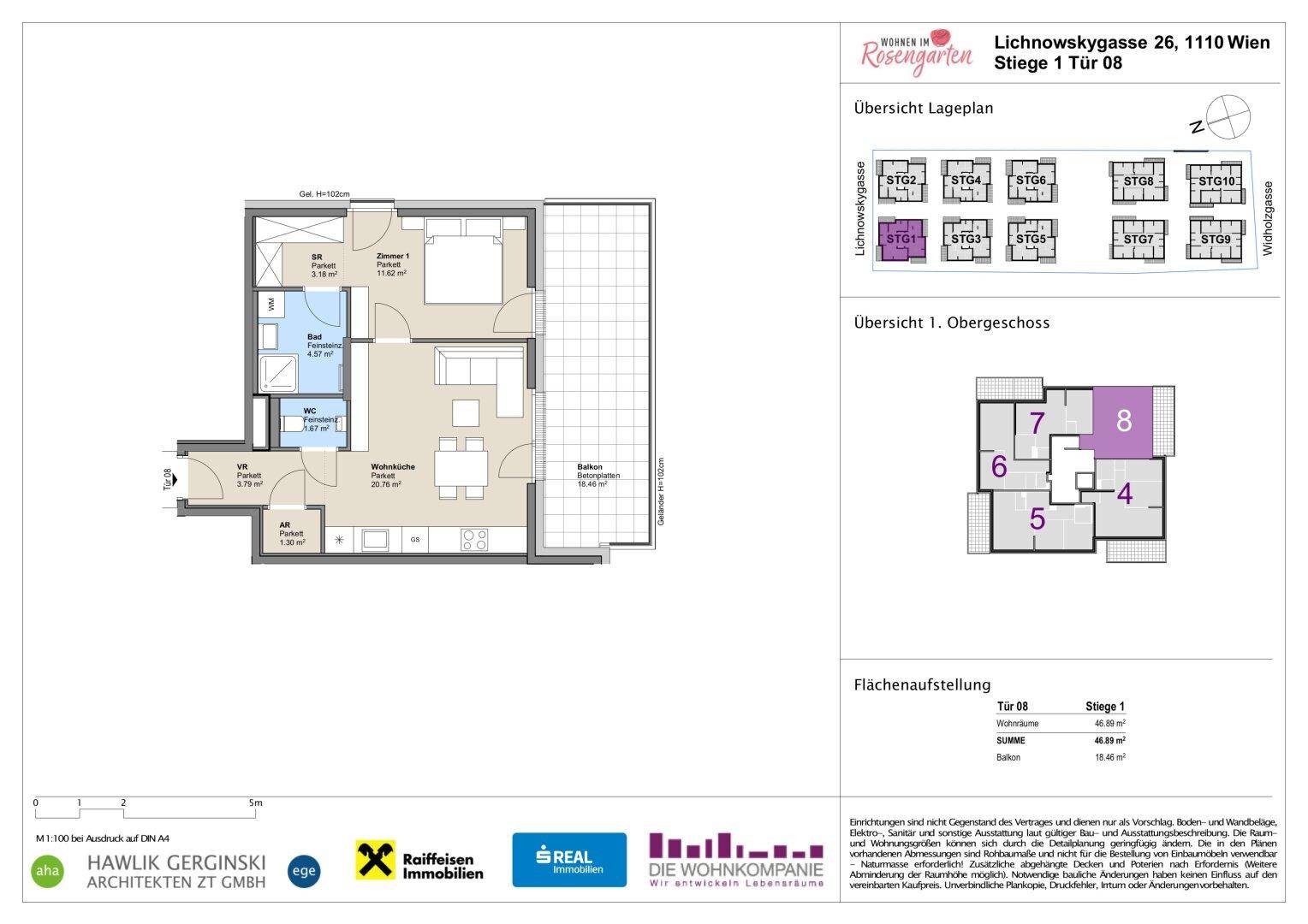 Grundriss einer Wohnung mit offenem Wohnbereich, Schlafzimmer und großem Balkon.