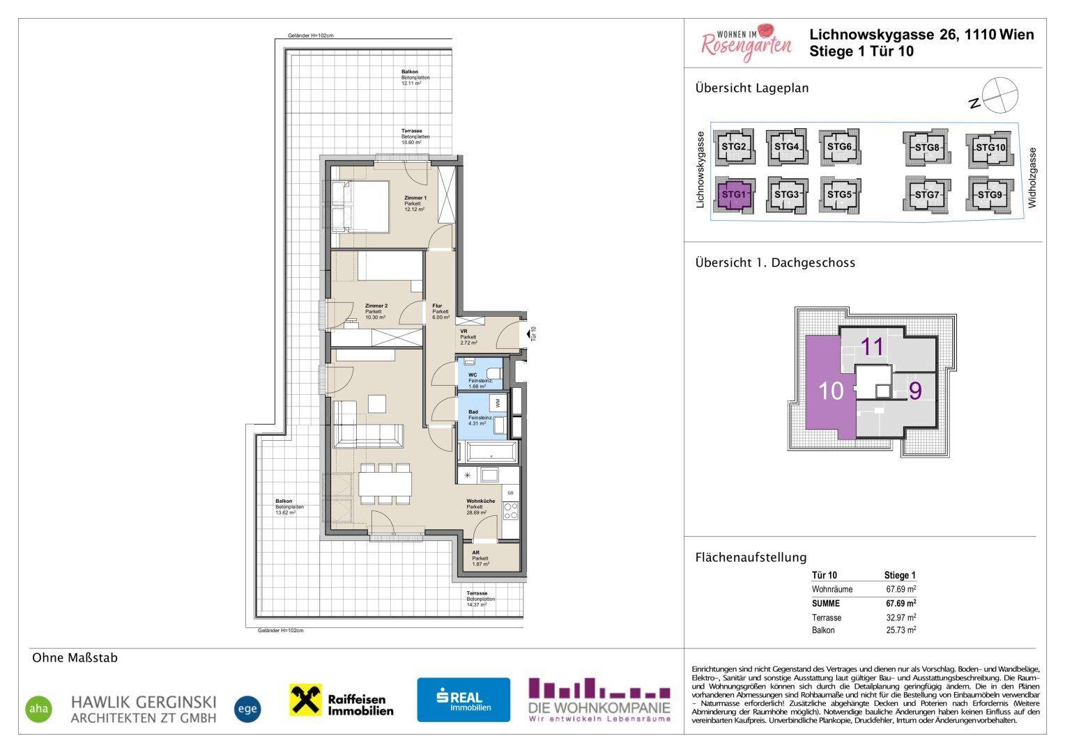 Detaillierter Grundriss einer Wohnung mit zwei Schlafzimmern, offenem Wohnbereich und Terrasse.