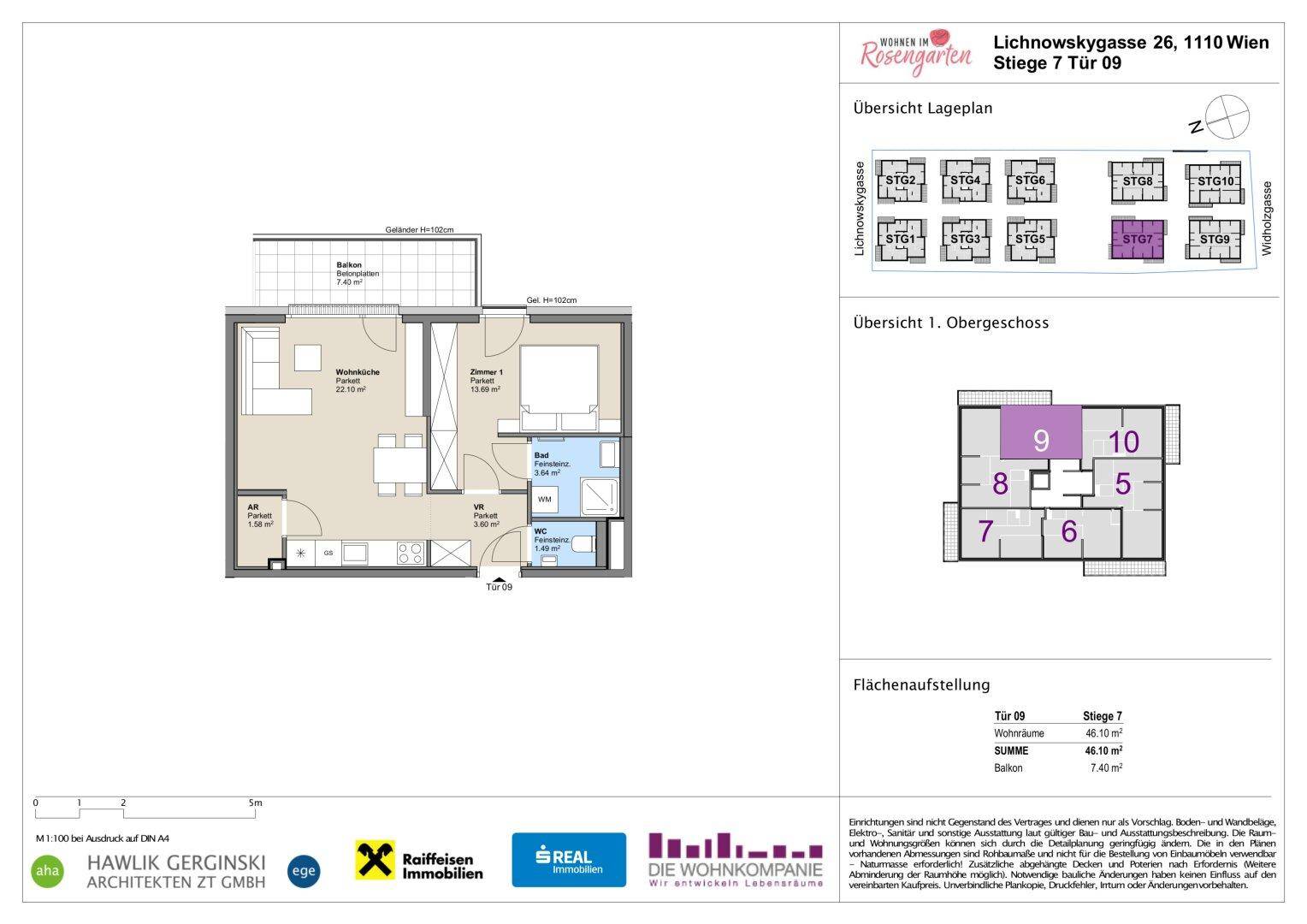 Grundriss einer Wohnung mit Wohnbereich, Schlafzimmer, Bad und Balkon.