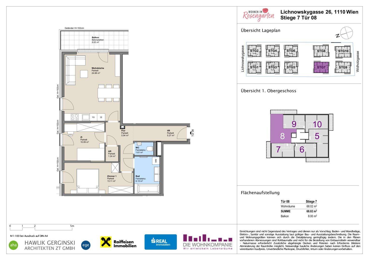 Detaillierter Grundriss einer Wohnung mit Balkon und offener Wohnküche.
