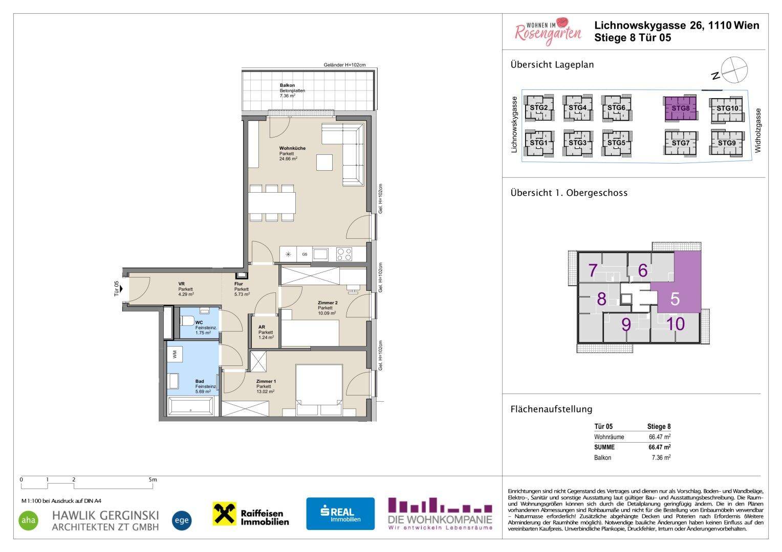Detaillierter Grundriss einer Wohnung mit drei Zimmern, Balkon und separatem WC.