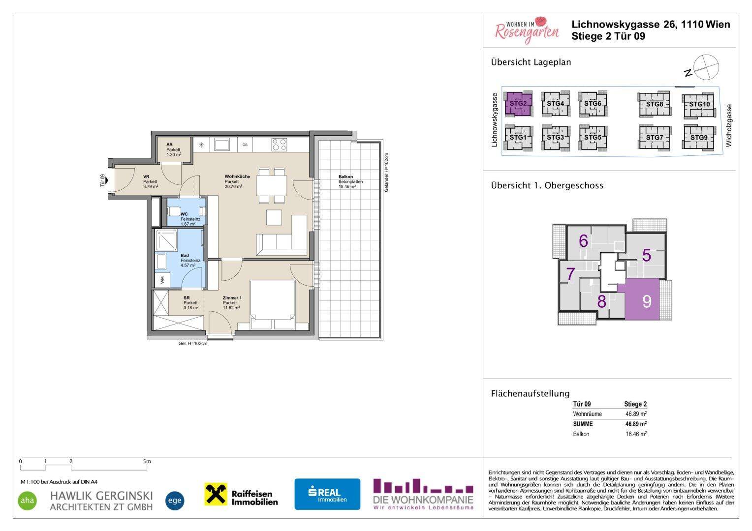 Grundriss einer Wohnung mit offenem Wohnbereich, Schlafzimmer, Bad, separatem WC und großem Balkon.