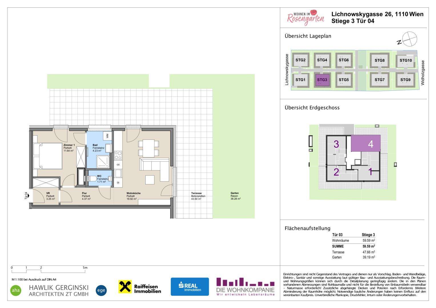 Grundriss einer modernen Wohnung mit offenem Wohnbereich, Terrasse und Gartenanteil.