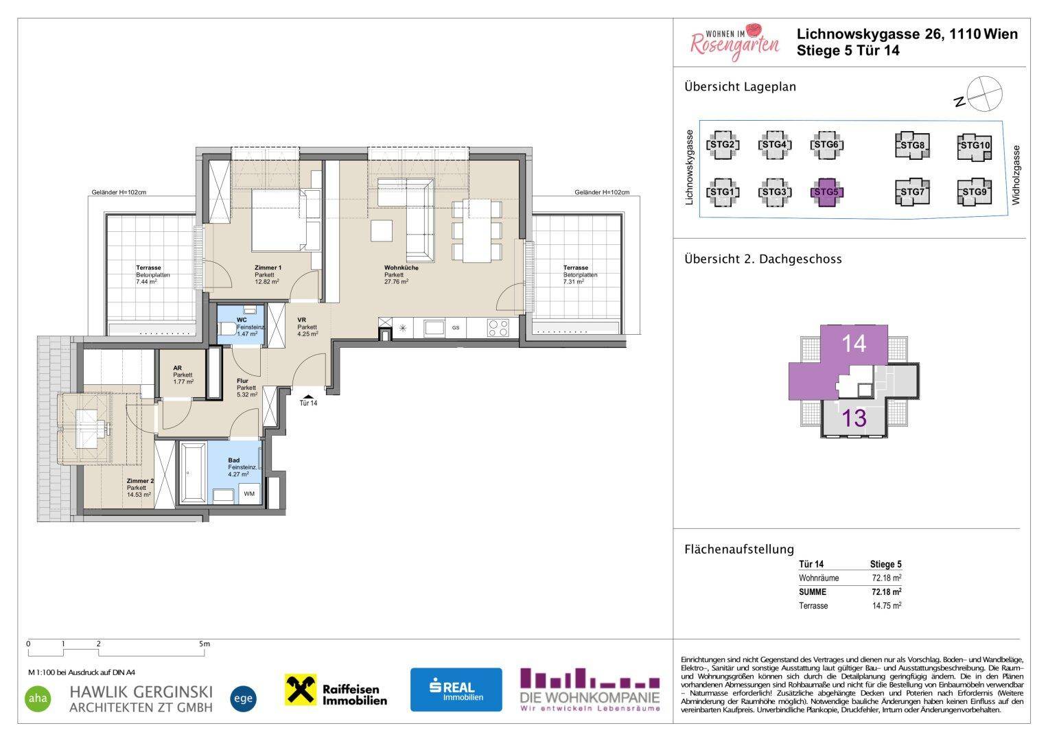 Detaillierter Grundriss einer Wohnung mit zwei Terrassen und offenem Wohnbereich.