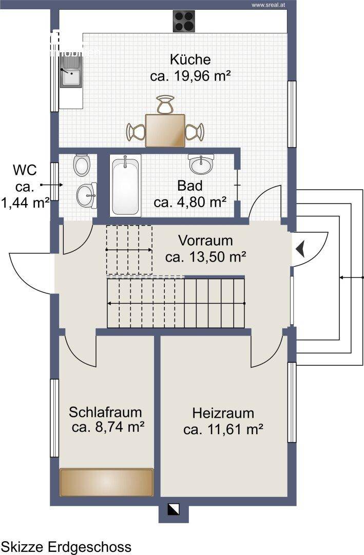 Grundriss des Erdgeschosses mit Küche, Bad, WC, Vorraum, Schlafzimmer und Heizraum.