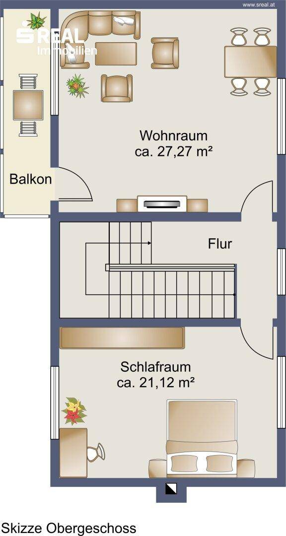 Grundriss des Obergeschosses mit Wohnraum, Schlafzimmer und Balkonzugang.