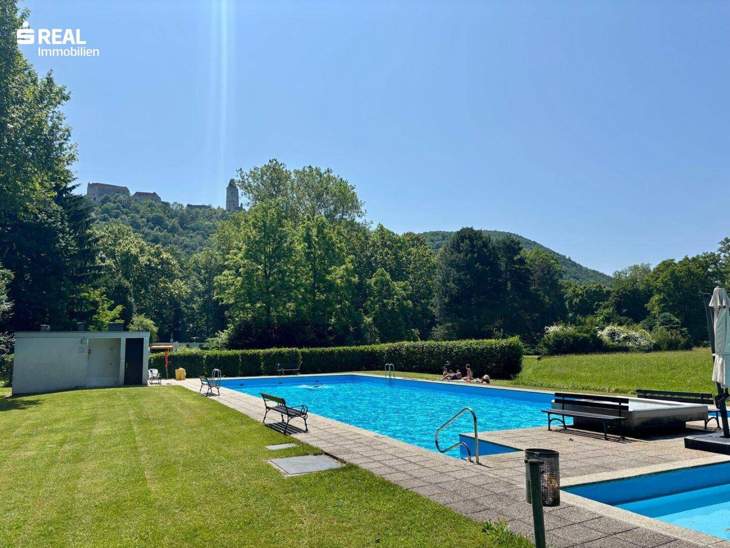 Großer Außenpool mit Liegewiese und Blick auf die bewaldeten Hügel.