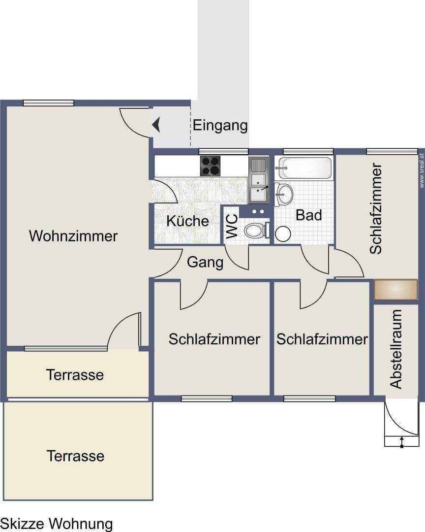 Grundriss der Wohnung mit Wohnzimmer, Küche, Schlafzimmern und Terrasse.